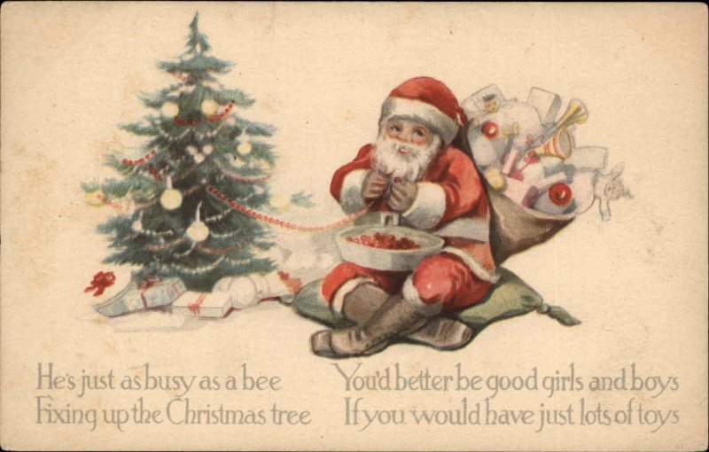 Santa Claus Strings Cranberries for Christmas Tree Vintage Postcard