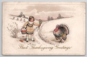 Thanksgiving Greetings Girl Corn Apple Basket Turkey 1914 Wilton ME Postcard K29