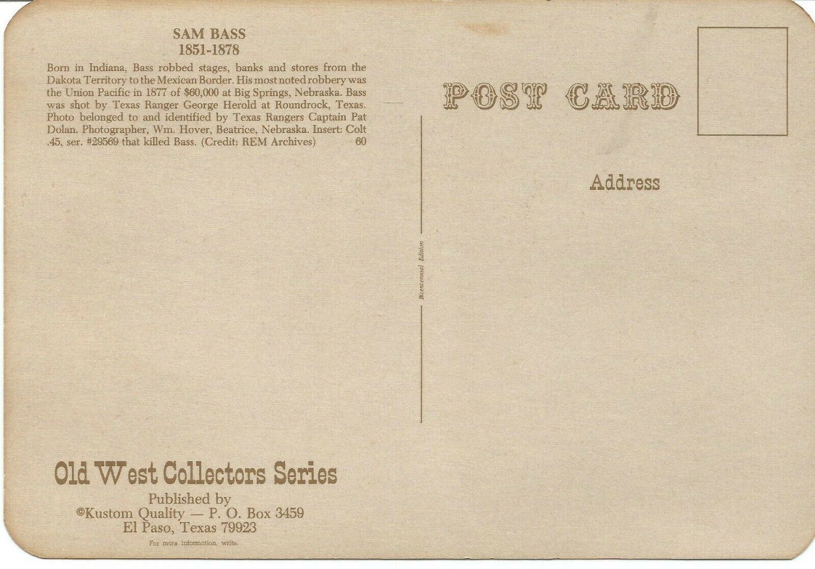 2 Postcards (2) from OLD WEST COLLECTORS SERIES 4x6 Sam Bass 18511878