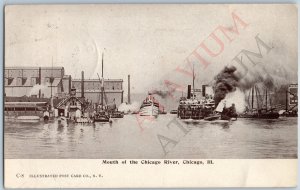 1908 Chicago IL Mouth of River Steamer Steamship Sternwheeler Boat Shipping A194