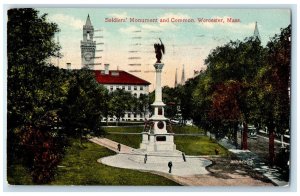 1916 Soldiers Monument and Common Worcester Massachusetts MA Postcard