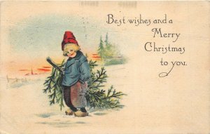 MERRY CHRISTMAS 1916 Postcard Dutch Boy With Cut Christmas Pine Tree