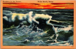 Vtg 1940 Wells Beach Maine ME Breakers in the Sunset 1940s Unused Linen Postcard