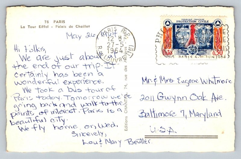 1964   Eiffel Tower  Paris  France   Postcard