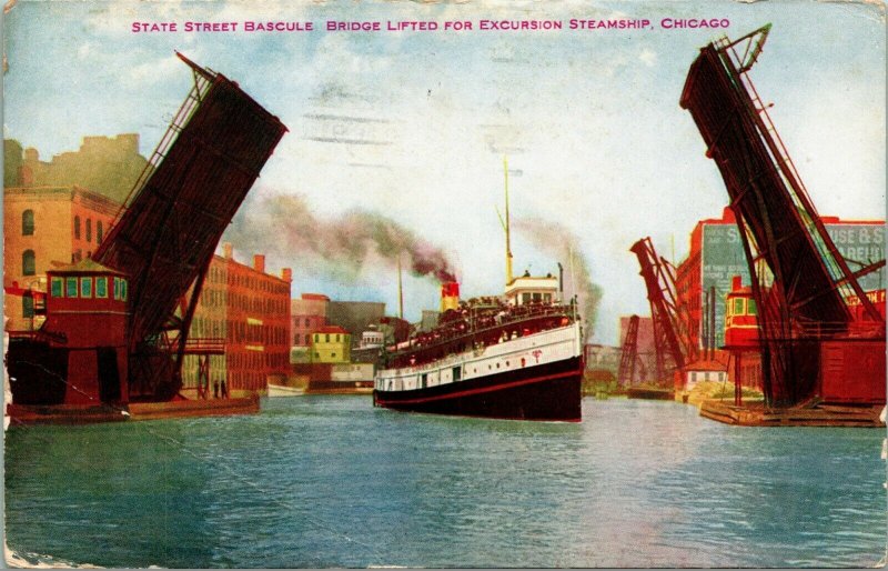 Vtg Postcard State Street Bascule Bridge Chicago Illinois Steamship Draw Bridge