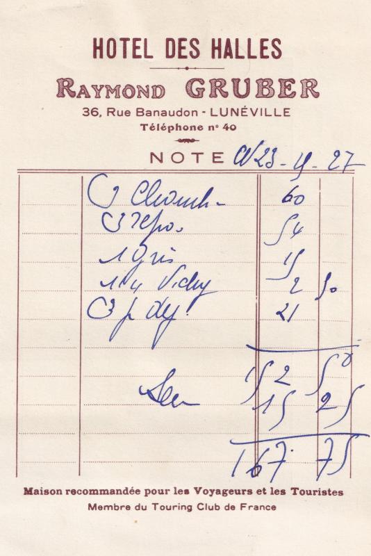 Hotel Des Halles Raymond Gruber Luneville 1939 WW2 Receipt Postcard