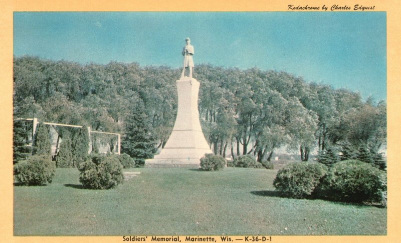 Vintage Postcard 1920s Soldier's Memorial Marinette Wisconsin Pub by LM Dufresne