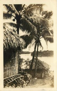 RPPC Postcard Huts & Harbor View, San Miguel, Pearl Islands Panama c1920