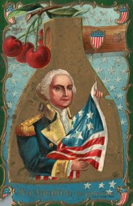 Vintage Postcard 1910 George Washington his Patriotism Holding US Flag & Cherry