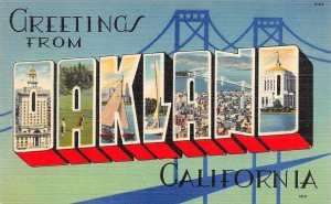 CA, California   OAKLAND LARGE LETTER LINEN Greetings  ca1940's Tichnor Postcard