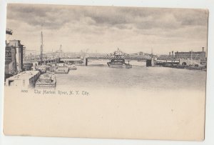 P2984, old rotograph postcard barges boats bridge harlem river ny city,unused