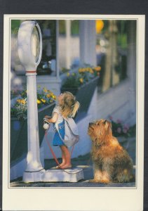 Children Postcard - Girl Stood on Scales Weighing Herself With Pet Dog RR7242