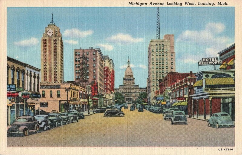 Hotel Wentworth - Coke-Cola Signs Old Cars Lansing, Michigan Postcard 2T5-73 