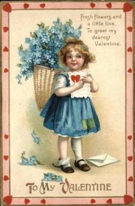 VALENTINE Little Girl w Basket of Flowers Forget Me Nots c1910 Postcard