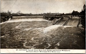 Vtg St Anthony Falls Burlington Route Mississippi River Train Railroad Postcard