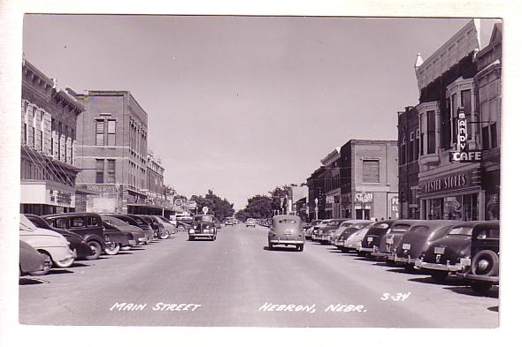 Main Street, Cafe, Rexall Drugs, Cars, Hebron, Nebraska, Real Photo