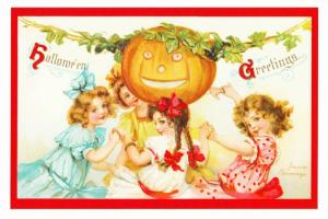 Halloween Girls Dance Around a Jack-o-Lantern Repro Postcard #6