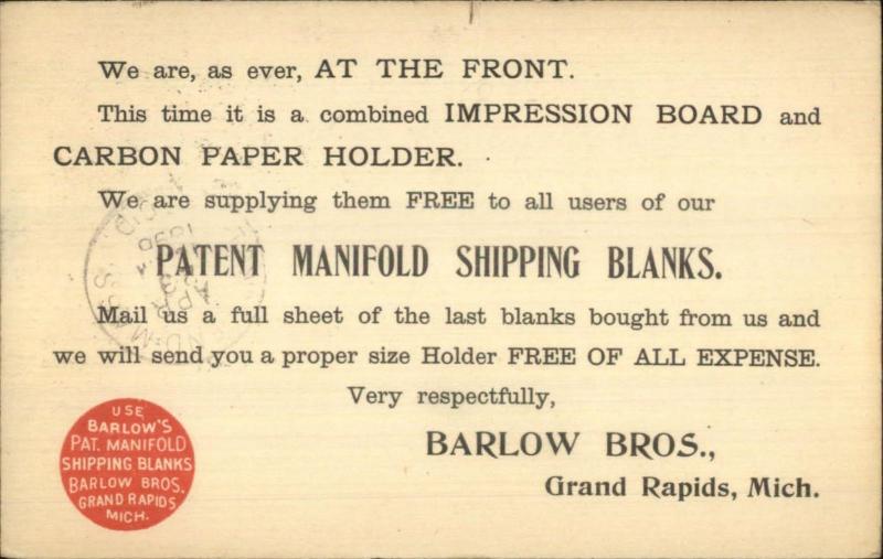 Grand Rapids MI Barlow Bros Patent Manifold Shipping Blanks Postal Card 1896