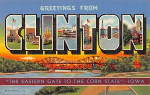 Clinton Iowa Large Letter Linen Antique Postcard K82992