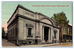 Hagerstown MD Postcard Washington County Free Library Building Scene Street 1916