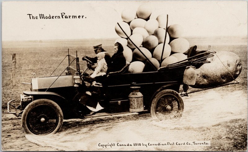 Exaggeration 'The Modern Farmer' Huge Eggs Potato Automobile RPPC Postcard H6