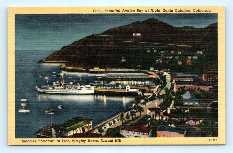 Postcard CA Santa Catalina Avalon Bay at Night Steamer Avalon at Pier Linen L06
