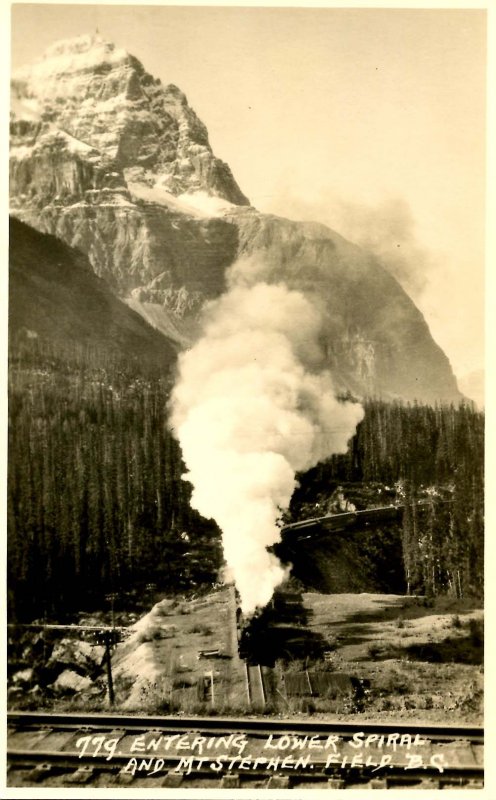 Canada - BC, Kicking Horse Canyon, Train & Mt Stephen.  *RPPC