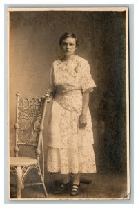 Vintage 1910's RPPC Postcard - Studio Portrait Cute Girl in White Dress