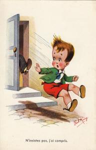 Humour signed Bob King boy foot shot comic postcard