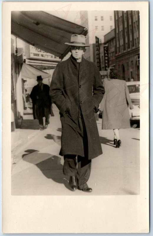 c1950s Mysterious Man RPPC Downtown Trenchcoat Baggy Oddball Gangster Photo A211