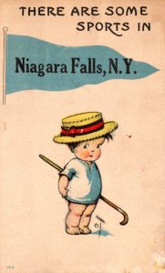 New York Niagara Falls Young Boy With Cane and Straw Hat 1916 Pennant Series