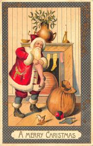 Red Suited Santa Claus Merry Christmas Chimney Stockings Embossed Postcard