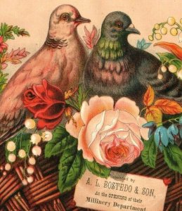 1880s A.L. Bostedo & Son Store Opening Millinery Basket Flowers Doves #5B