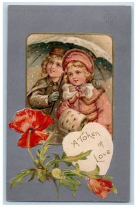 c1910's Valentine Children Umbrella Snowfall Handwarmer Flowers Posted Postcard