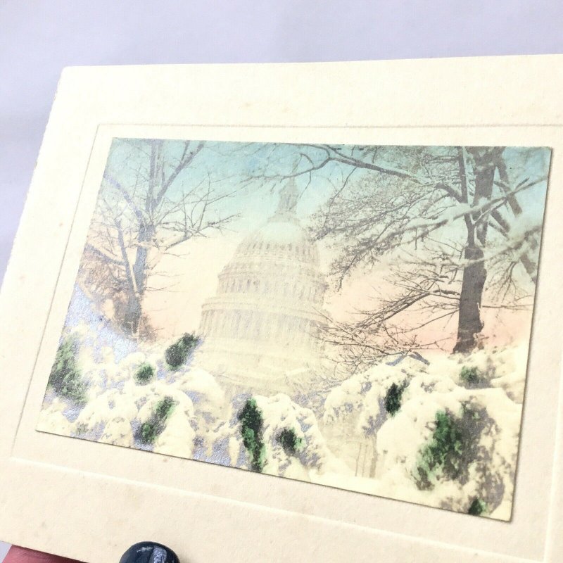 c1940 Vintage US Capitol Winter Hand-Colored Photograph Holiday Greetings Card