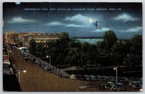 Memphis TN~Confederate Park & Post Office @ Night~Postmarked~Vtg Linen Postcard
