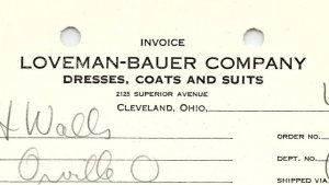 1938 LOVEMAN-BAUER CO. CLEVELAND OH DRESSES COATS SUITS BILLHEAD INVOICE Z1190