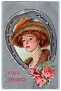 c1910s Heartiest Congratulations Woman Horseshoe Roses Flowers Embossed Postcard