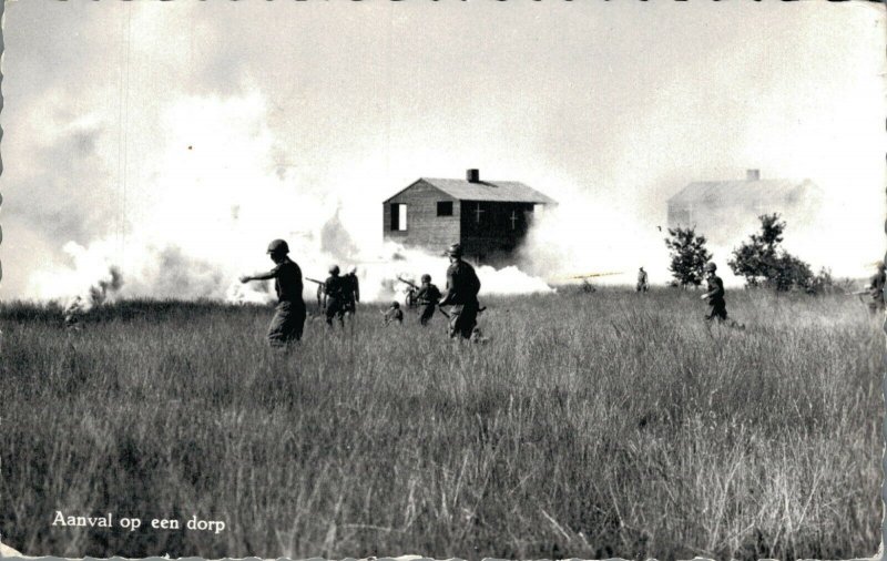 Military Dutch postcard Aanval op een dorp RPPC 3.30