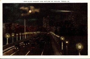 Texas Dallas Skyline and Oak Cliff Viaduct At Night