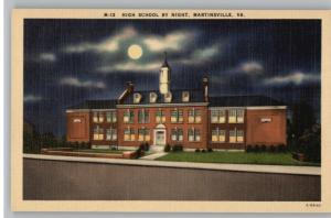 Linen Postcard~High School..Night~Martinsville,Virginia