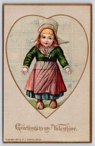 Valentine~Lil Blonde Dutch Girl in Heart~Blue Tiles~HI Robbins 1907 Postcard