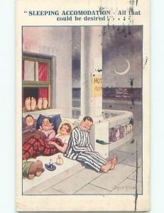 Bamforth comic signed PEOPLE SLEEPING ON THE STEPS OF HOTEL k8166