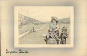 French Easter Children w/ Lamb & Giant Egg c1910 Postcard