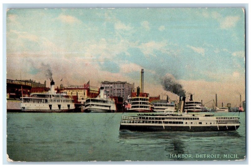 1910 Harbor Steamship Boats Excursion Steamers Detroit Michigan Vintage Postcard