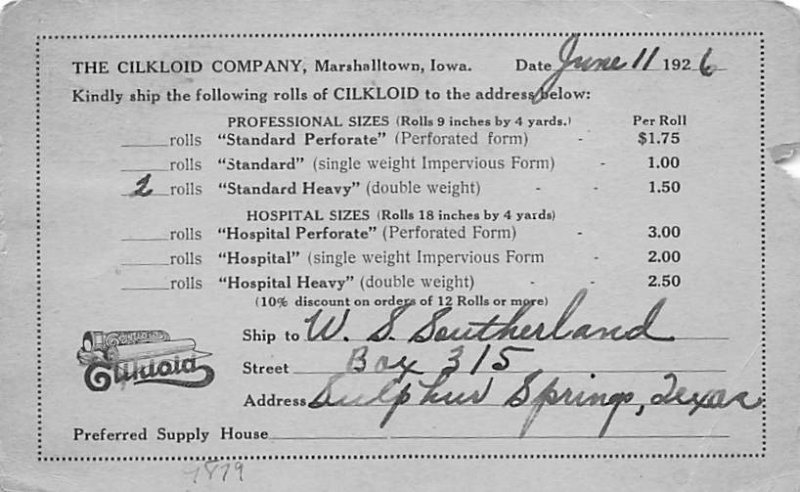 Cilkloid Company Marsnantown, Iowa, USA Medical 1926 paper tear on edge, miss...