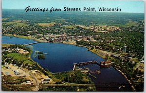 Stevens Point Wisconsin, Aerial View River, Rapid Industrial Buildings, Postcard