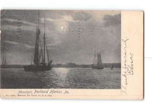 Portland Harbor Maine ME Postcard 1907 Moonlight Sailboats