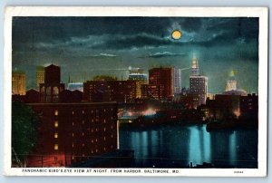 Baltimore Maryland MD Postcard Panoramic Birds Eye View Night Harbor Moon c1930