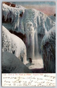Niagara Falls New York~Cave Of The Winds Winter Scene~Man~Icicles~c1905 Postcard